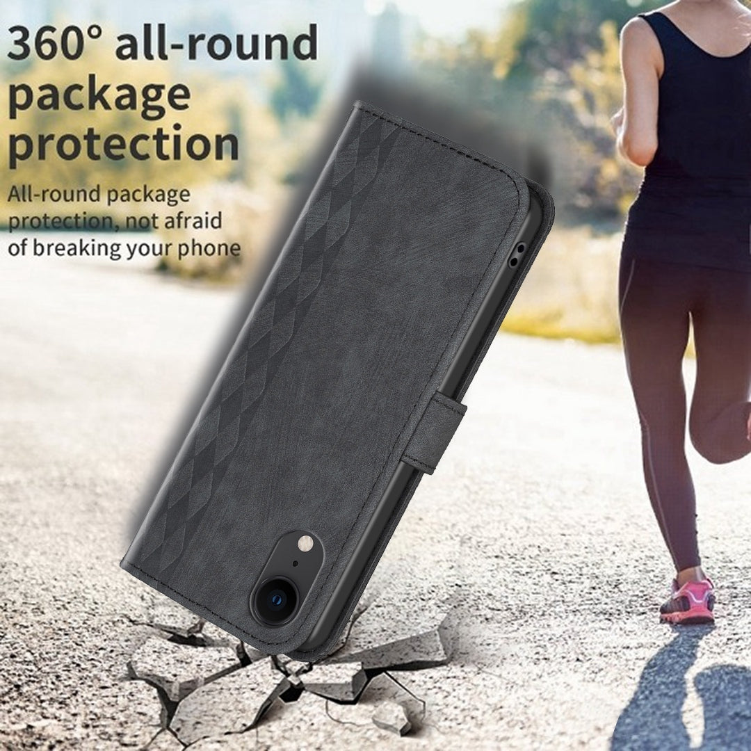 iPhone XR Case - Embossed Plaid Leather Wallet Cover with Card Slots, Kickstand, and 360 degree Protection