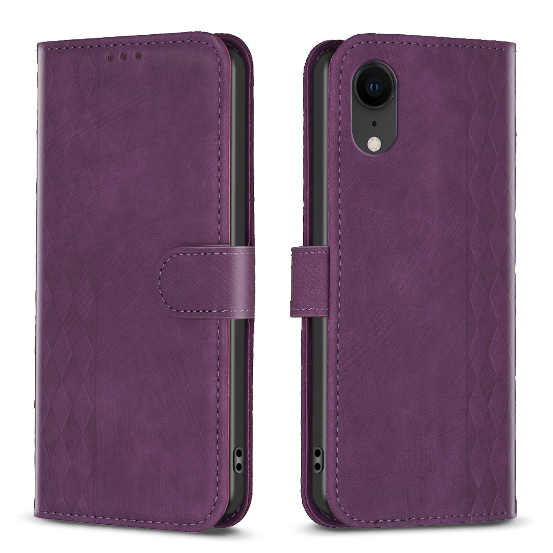 iPhone XR Case - Embossed Plaid Leather Wallet Cover with Card Slots, Kickstand, and 360 degree Protection