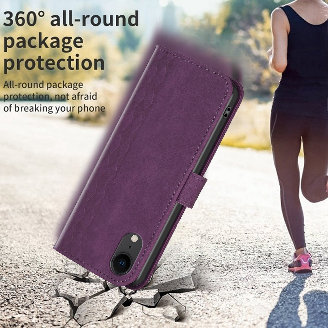 iPhone XR Case - Embossed Plaid Leather Wallet Cover with Card Slots, Kickstand, and 360 degree Protection