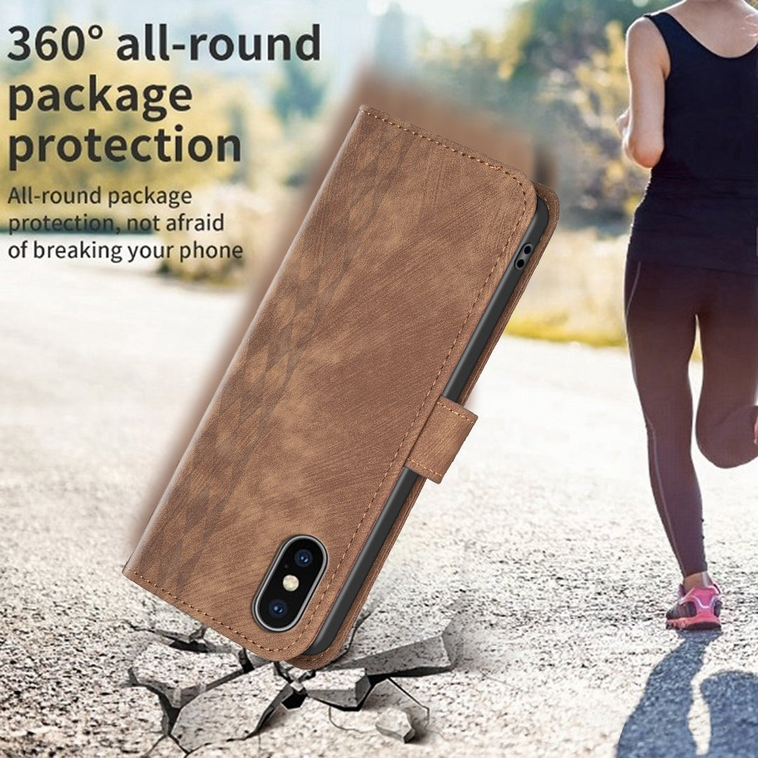 iPhone XS Max Case - Embossed Plaid Leather Wallet Cover with Card Slots, Kickstand, and 360 degree Protection