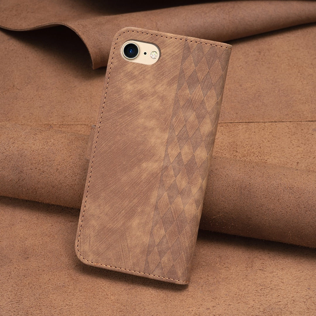 iPhone 8 Case - Embossed Plaid Leather Wallet Cover with Card Slots, Kickstand, and 360 degree Protection