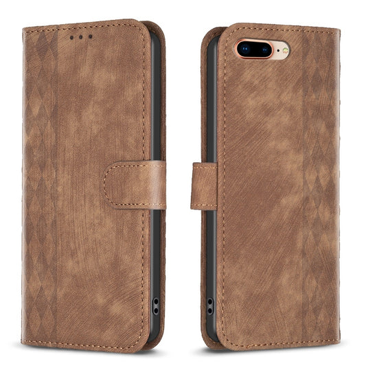 iPhone 8 Plus Case - Embossed Plaid Leather Wallet Cover with Card Slots, Kickstand, and 360 degree Protection