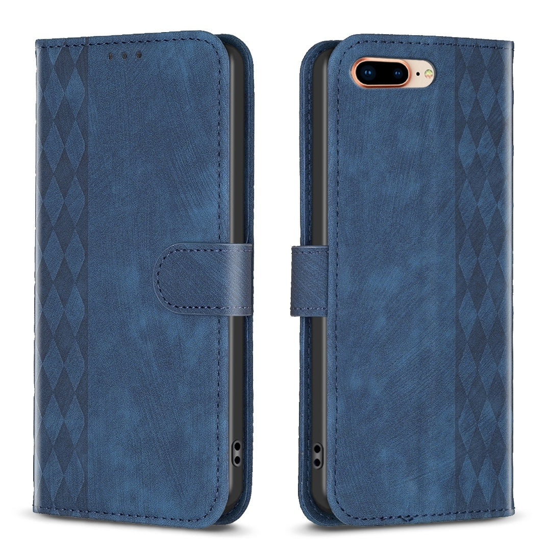 iPhone 7 Plus Case - Embossed Plaid Leather Wallet Cover with Card Slots, Kickstand, and 360 degree Protection