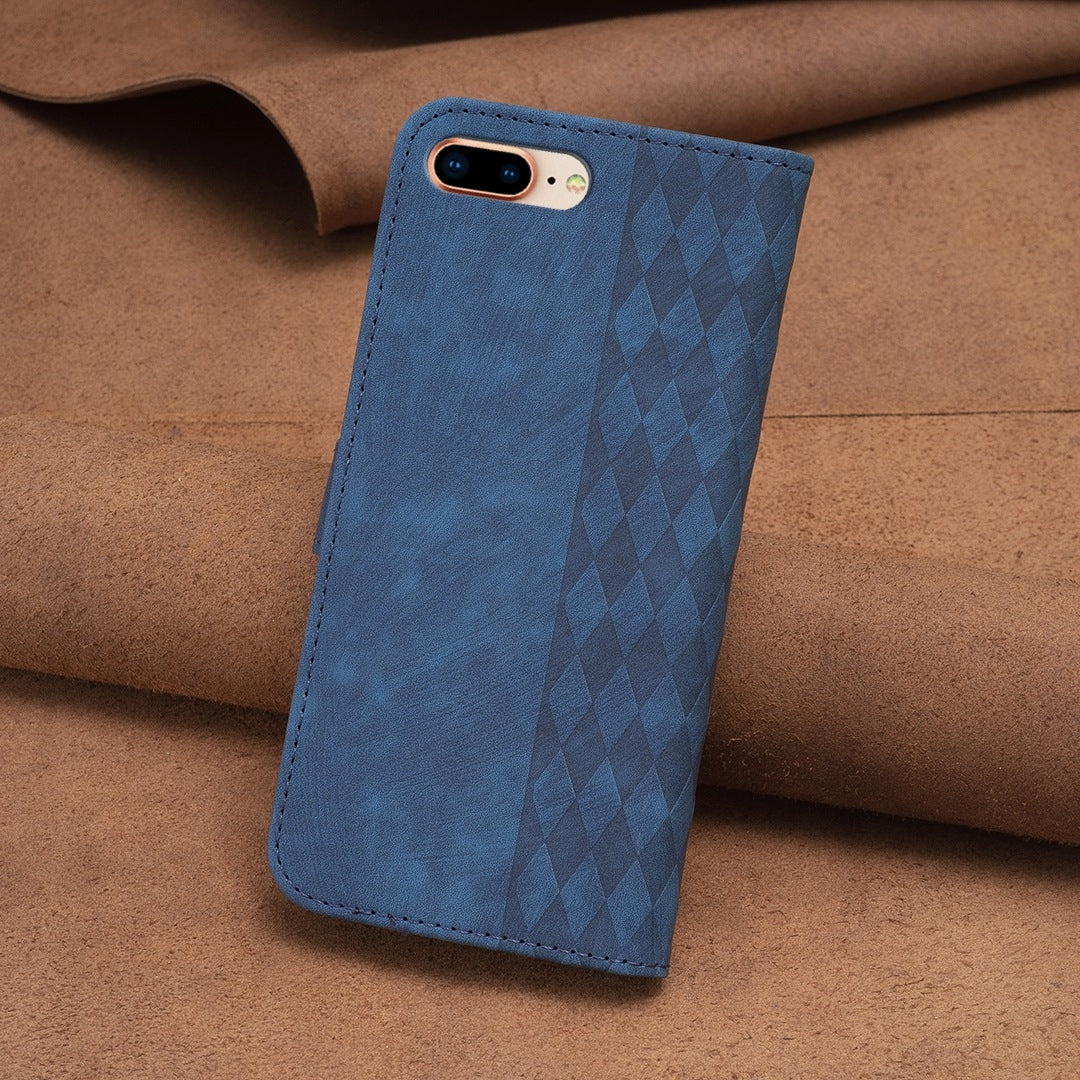 iPhone 7 Plus Case - Embossed Plaid Leather Wallet Cover with Card Slots, Kickstand, and 360 degree Protection