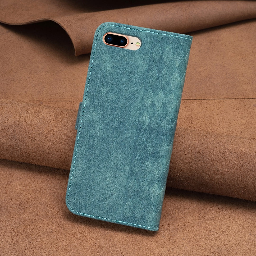 iPhone 7 Plus Case - Embossed Plaid Leather Wallet Cover with Card Slots, Kickstand, and 360 degree Protection