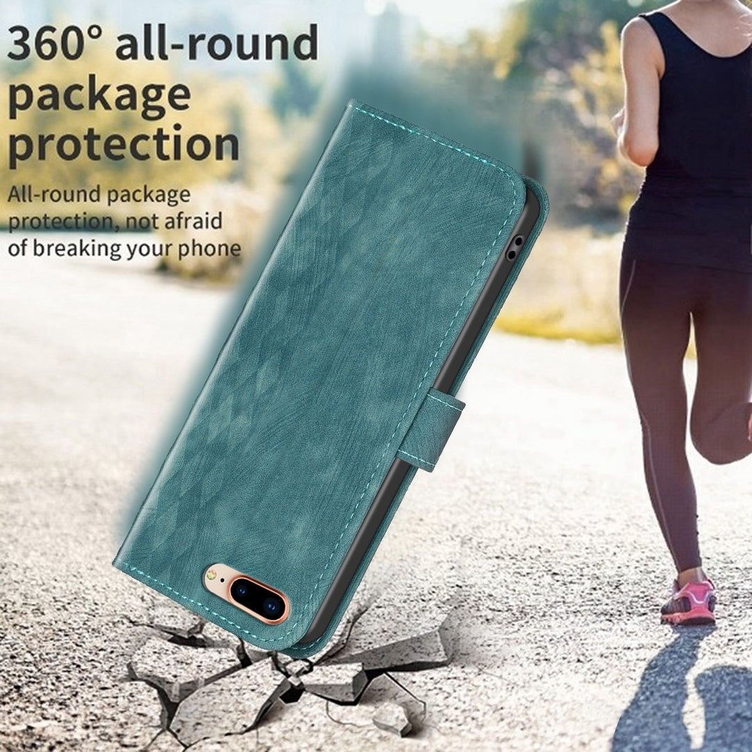 iPhone 7 Plus Case - Embossed Plaid Leather Wallet Cover with Card Slots, Kickstand, and 360 degree Protection