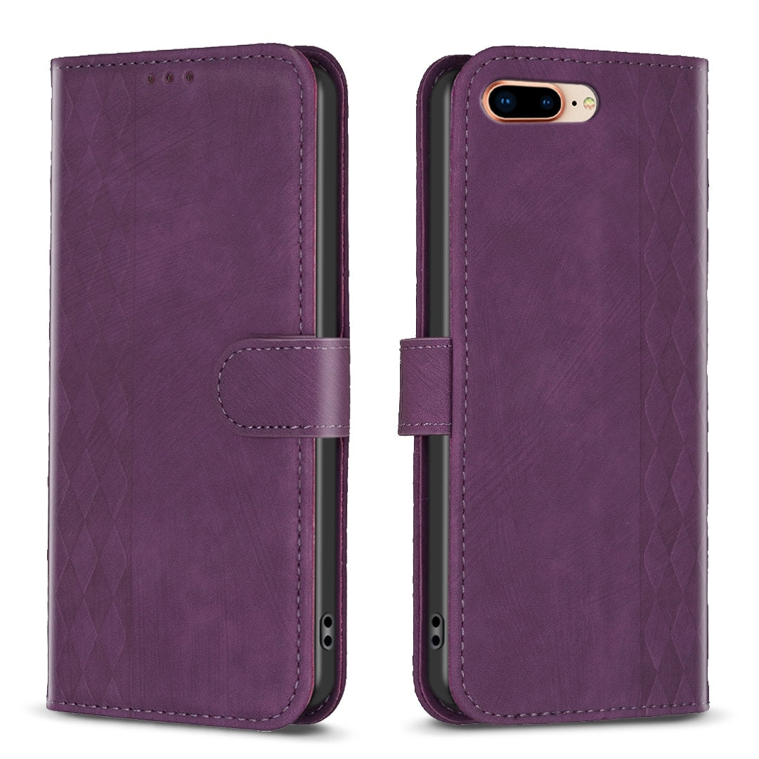 iPhone 7 Plus Case - Embossed Plaid Leather Wallet Cover with Card Slots, Kickstand, and 360 degree Protection