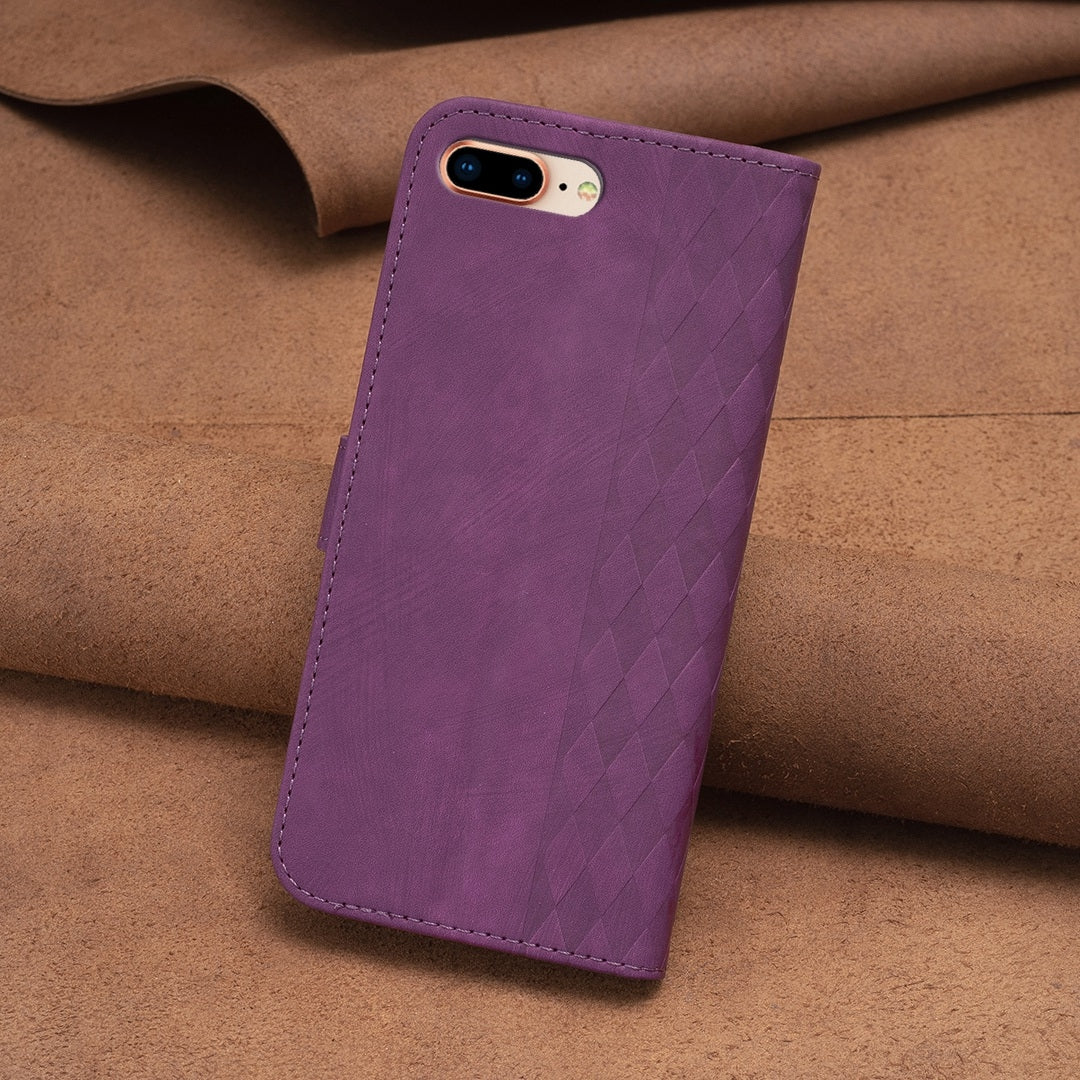 iPhone 7 Plus Case - Embossed Plaid Leather Wallet Cover with Card Slots, Kickstand, and 360 degree Protection