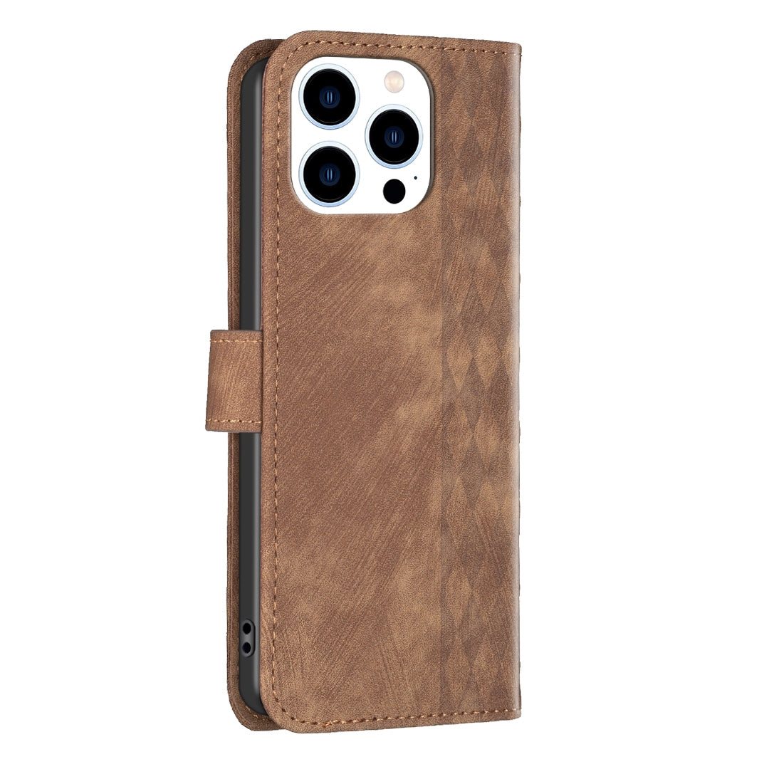 iPhone 15 Pro Max Case - Embossed Plaid Leather Wallet Cover with Card Slots, Kickstand, and 360 degree Protection