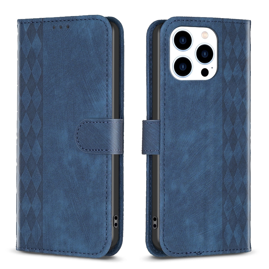 iPhone 15 Pro Max Case - Embossed Plaid Leather Wallet Cover with Card Slots, Kickstand, and 360 degree Protection