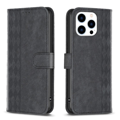 iPhone 15 Pro Max Case - Embossed Plaid Leather Wallet Cover with Card Slots, Kickstand, and 360 degree Protection