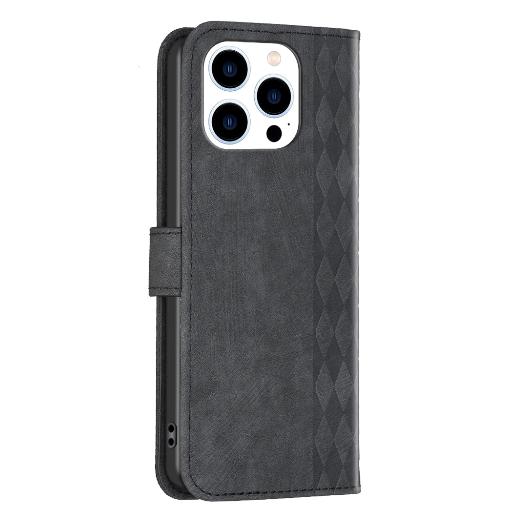 iPhone 15 Pro Max Case - Embossed Plaid Leather Wallet Cover with Card Slots, Kickstand, and 360 degree Protection