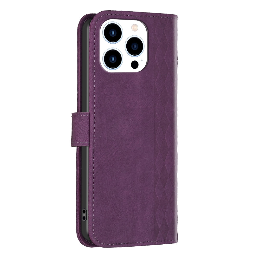 iPhone 15 Pro Max Case - Embossed Plaid Leather Wallet Cover with Card Slots, Kickstand, and 360 degree Protection