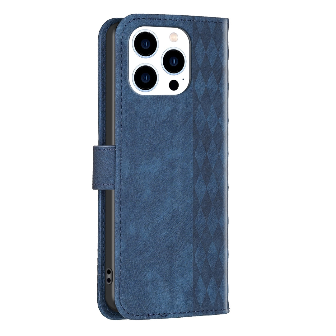 iPhone 15 Pro Case - Embossed Plaid Leather Wallet Cover with Card Slots, Kickstand, and 360 degree Protection