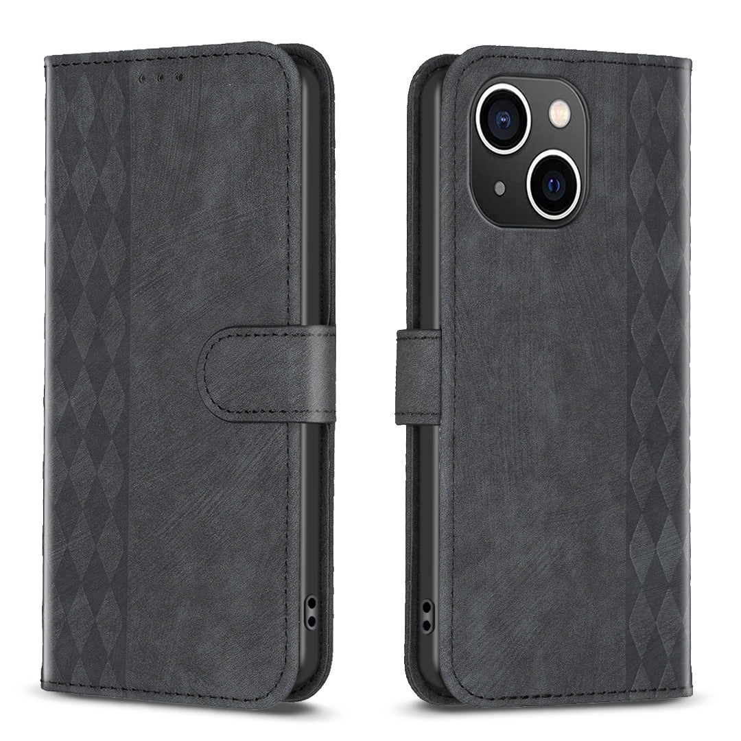 iPhone 15 Plus Case - Embossed Plaid Leather Wallet Cover with Card Slots, Kickstand, and 360 degree Protection