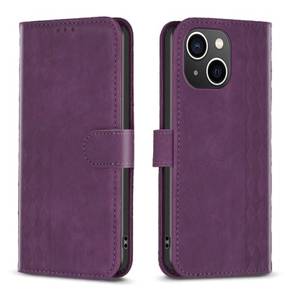 iPhone 15 Plus Case - Embossed Plaid Leather Wallet Cover with Card Slots, Kickstand, and 360 degree Protection