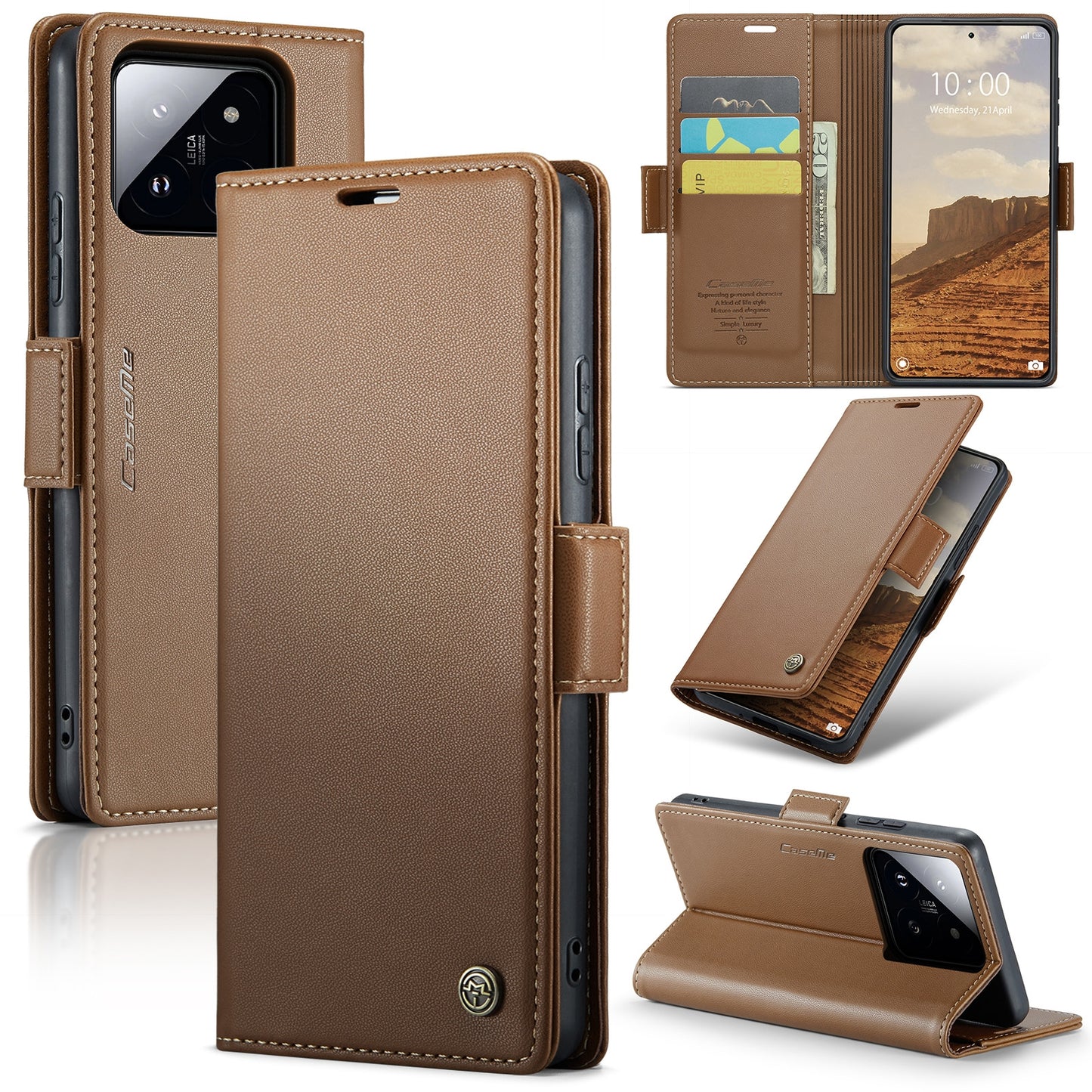 Xiaomi 14 Leather Case - RFID Anti-Theft, Litchi Texture, Wallet & Stand Design