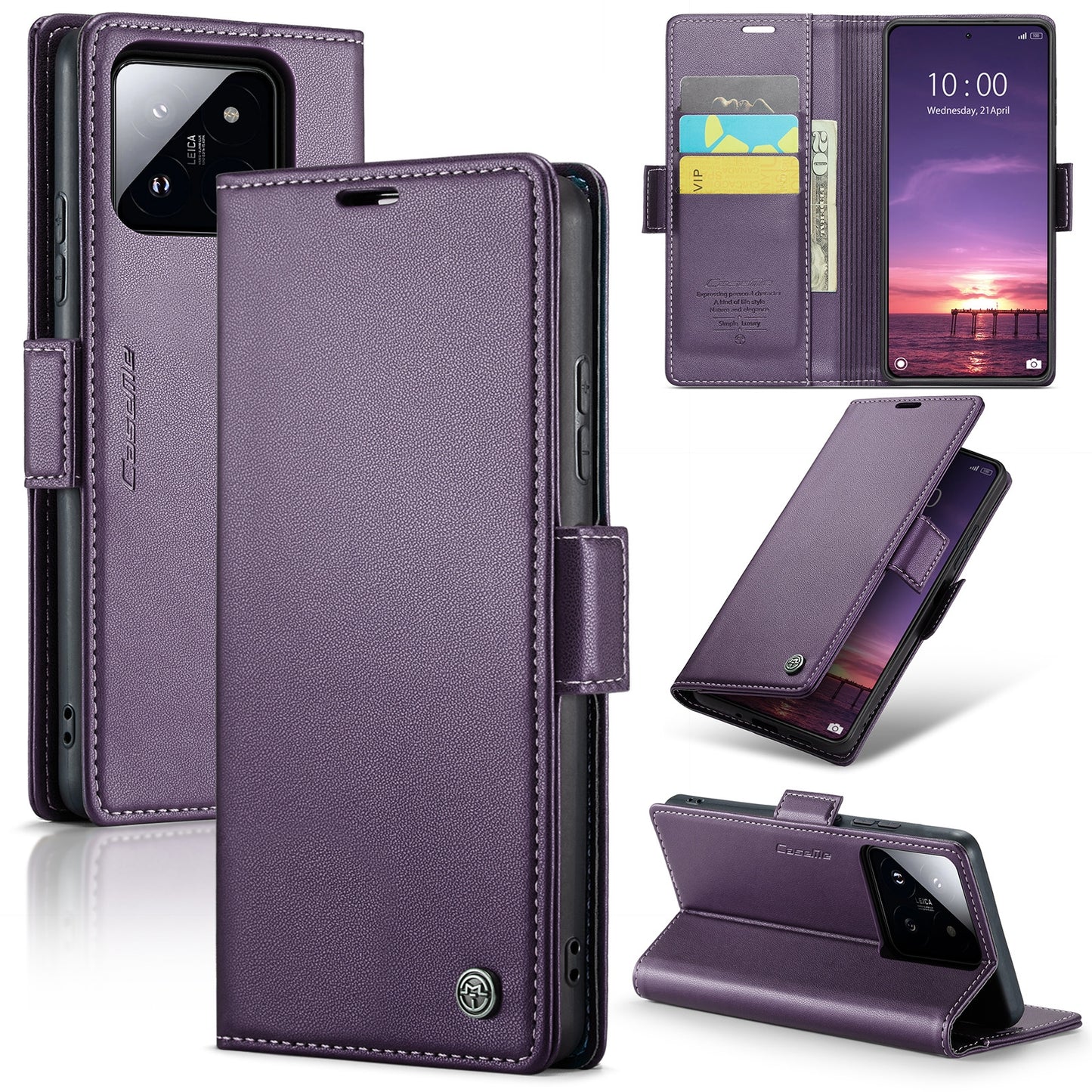 Xiaomi 14 Leather Case - RFID Anti-Theft, Litchi Texture, Wallet & Stand Design