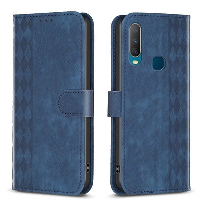 vivo Y11 Case - Embossed Plaid Leather Wallet Cover with Card Slots, Kickstand, and 360 degree Protection