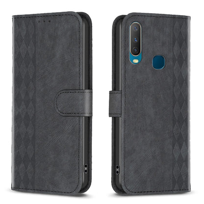 vivo Y11 Case - Embossed Plaid Leather Wallet Cover with Card Slots, Kickstand, and 360 degree Protection