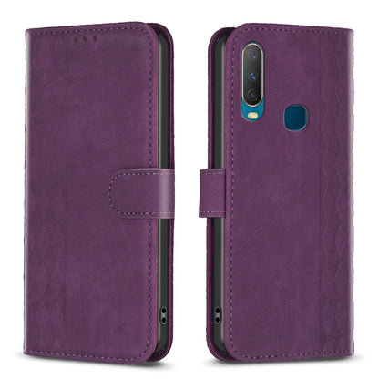 vivo Y11 Case - Embossed Plaid Leather Wallet Cover with Card Slots, Kickstand, and 360 degree Protection