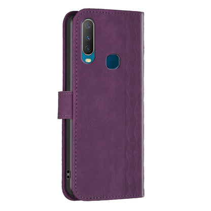 vivo Y12 Case - Embossed Plaid Leather Wallet Cover with Card Slots, Kickstand, and 360 degree Protection