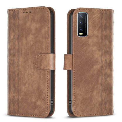 For vivo Y20 Case - Embossed Plaid Leather Wallet Cover with Card Slots, Kickstand, and 360 degree Protection