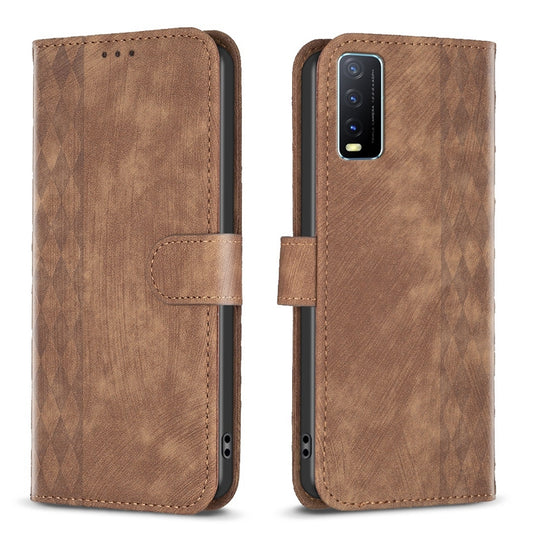 For vivo Y20 Case - Embossed Plaid Leather Wallet Cover with Card Slots, Kickstand, and 360 degree Protection