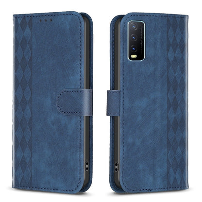 For vivo Y20 Case - Embossed Plaid Leather Wallet Cover with Card Slots, Kickstand, and 360 degree Protection