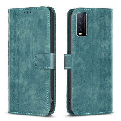 For vivo Y20 Case - Embossed Plaid Leather Wallet Cover with Card Slots, Kickstand, and 360 degree Protection