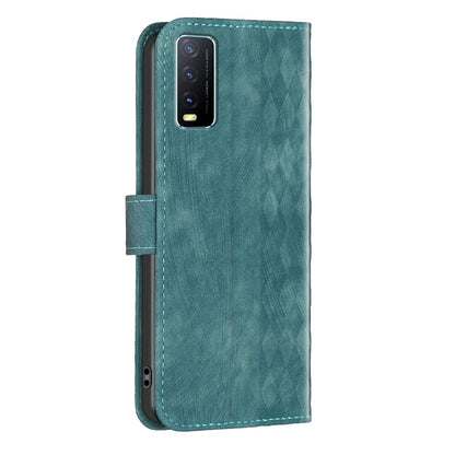 For vivo Y20 Case - Embossed Plaid Leather Wallet Cover with Card Slots, Kickstand, and 360 degree Protection