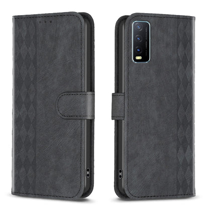 For vivo Y20 Case - Embossed Plaid Leather Wallet Cover with Card Slots, Kickstand, and 360 degree Protection