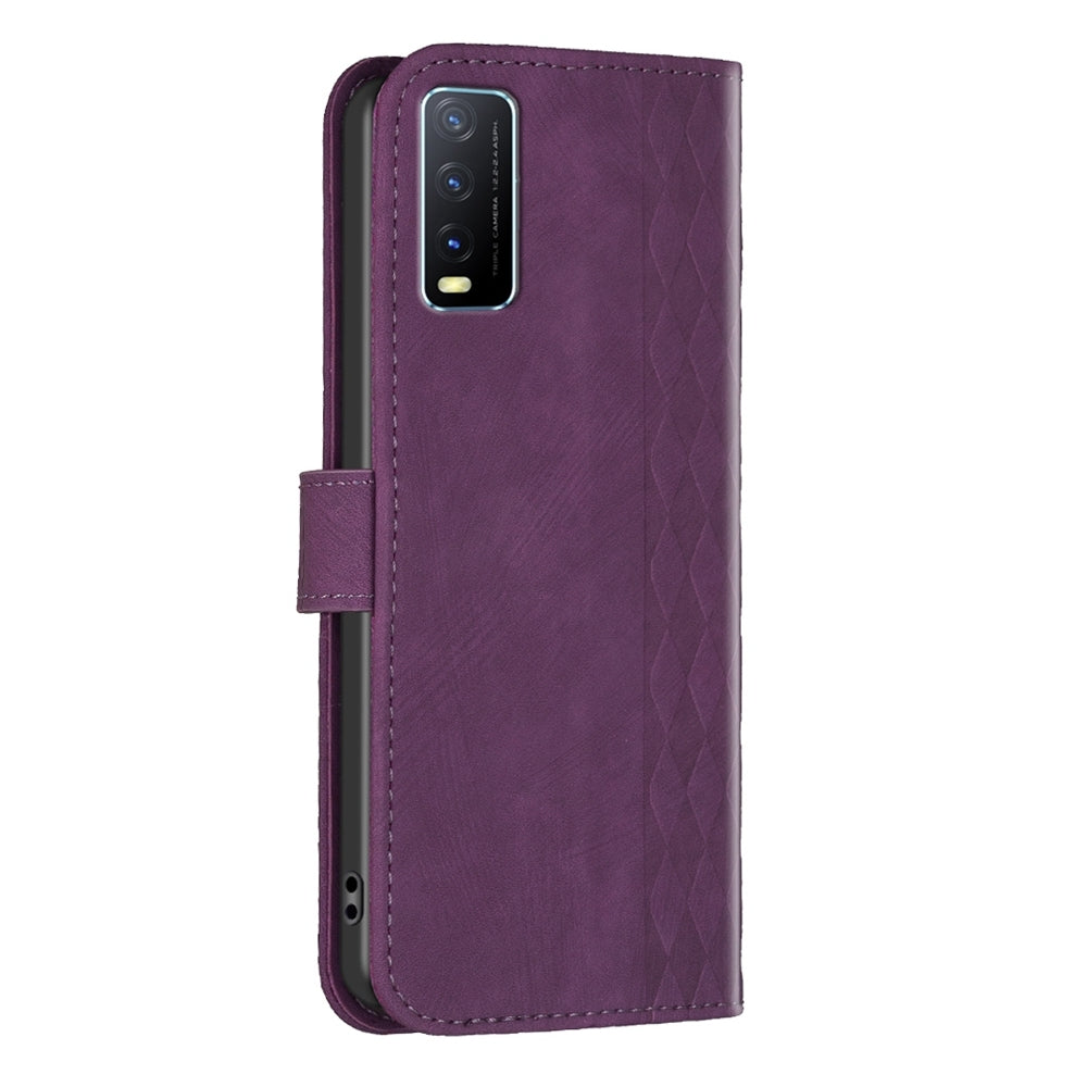 For vivo Y20 Case - Embossed Plaid Leather Wallet Cover with Card Slots, Kickstand, and 360 degree Protection
