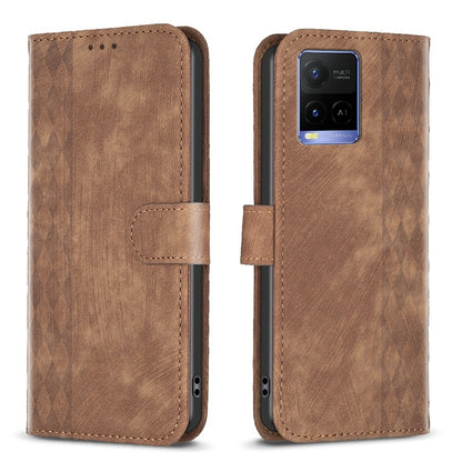 vivo Y21 Case - Embossed Plaid Leather Wallet Cover with Card Slots, Kickstand, and 360 degree Protection