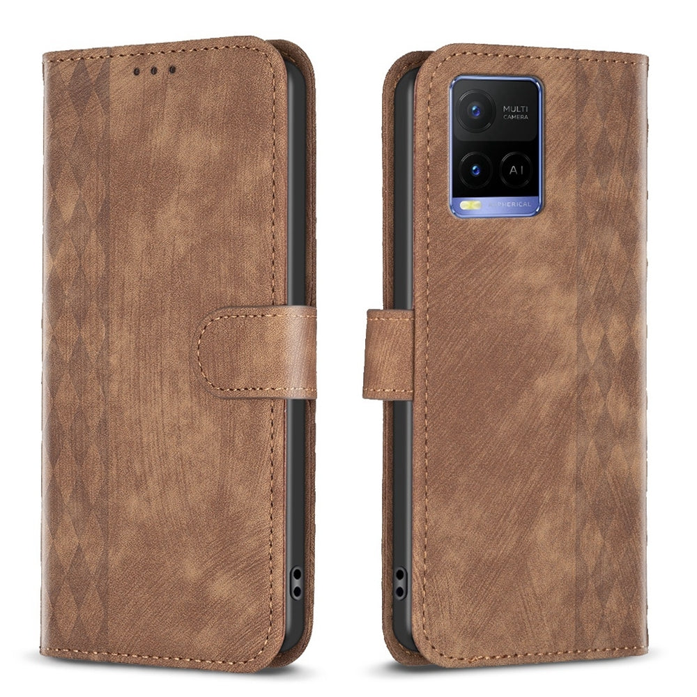 vivo Y21s Case - Embossed Plaid Leather Wallet Cover with Card Slots, Kickstand, and 360 degree Protection