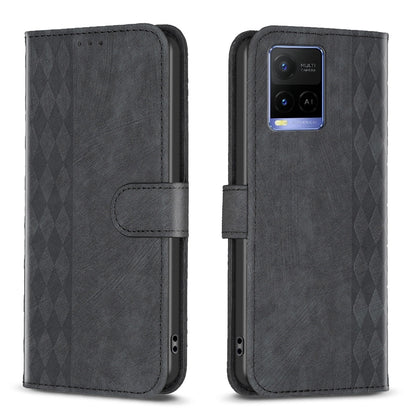 vivo Y21 Case - Embossed Plaid Leather Wallet Cover with Card Slots, Kickstand, and 360 degree Protection