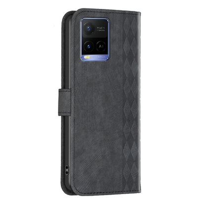 vivo Y31s Case - Embossed Plaid Leather Wallet Cover with Card Slots, Kickstand, and 360 degree Protection