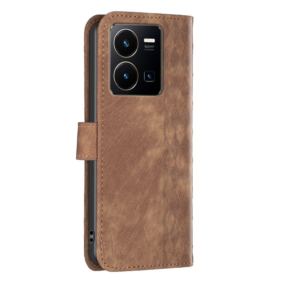 vivo Y35 4G Case - Embossed Plaid Leather Wallet Cover with Card Slots, Kickstand, and 360 degree Protection