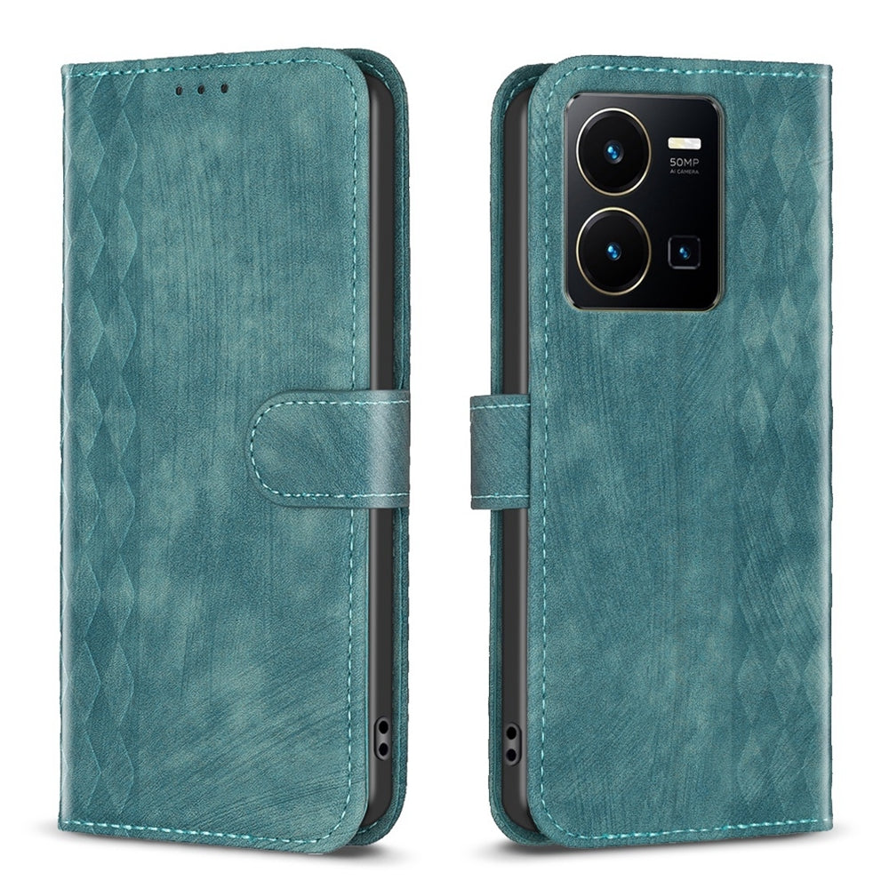 vivo Y35 4G Case - Embossed Plaid Leather Wallet Cover with Card Slots, Kickstand, and 360 degree Protection