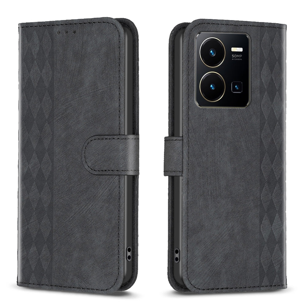 vivo Y35 4G Case - Embossed Plaid Leather Wallet Cover with Card Slots, Kickstand, and 360 degree Protection