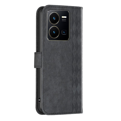 vivo Y35 4G Case - Embossed Plaid Leather Wallet Cover with Card Slots, Kickstand, and 360 degree Protection