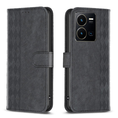 vivo Y22s Case - Embossed Plaid Leather Wallet Cover with Card Slots, Kickstand, and 360 degree Protection