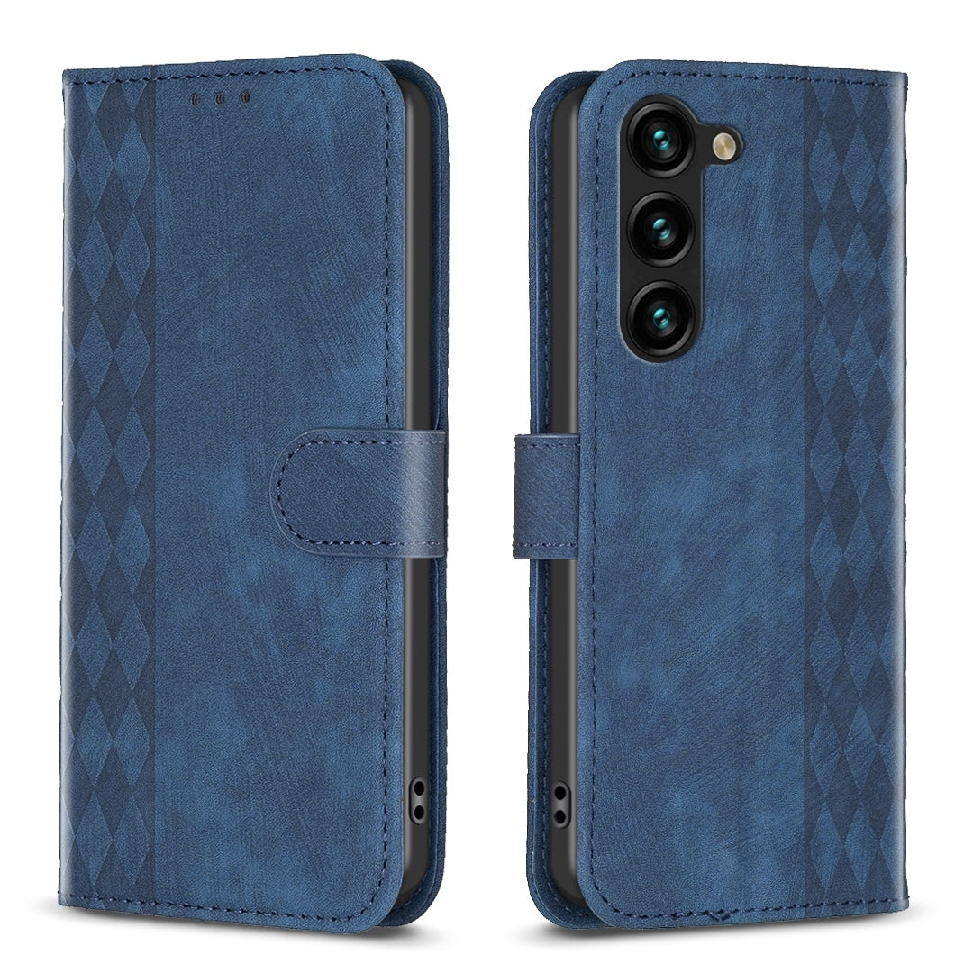 Samsung Galaxy S23 5G Case - Embossed Plaid Leather Wallet Cover with Card Slots, Kickstand, and 360 degree Protection