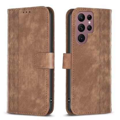 Samsung Galaxy S22 Ultra 5G Case - Embossed Plaid Leather Wallet Cover with Card Slots, Kickstand, and 360 degree Protection