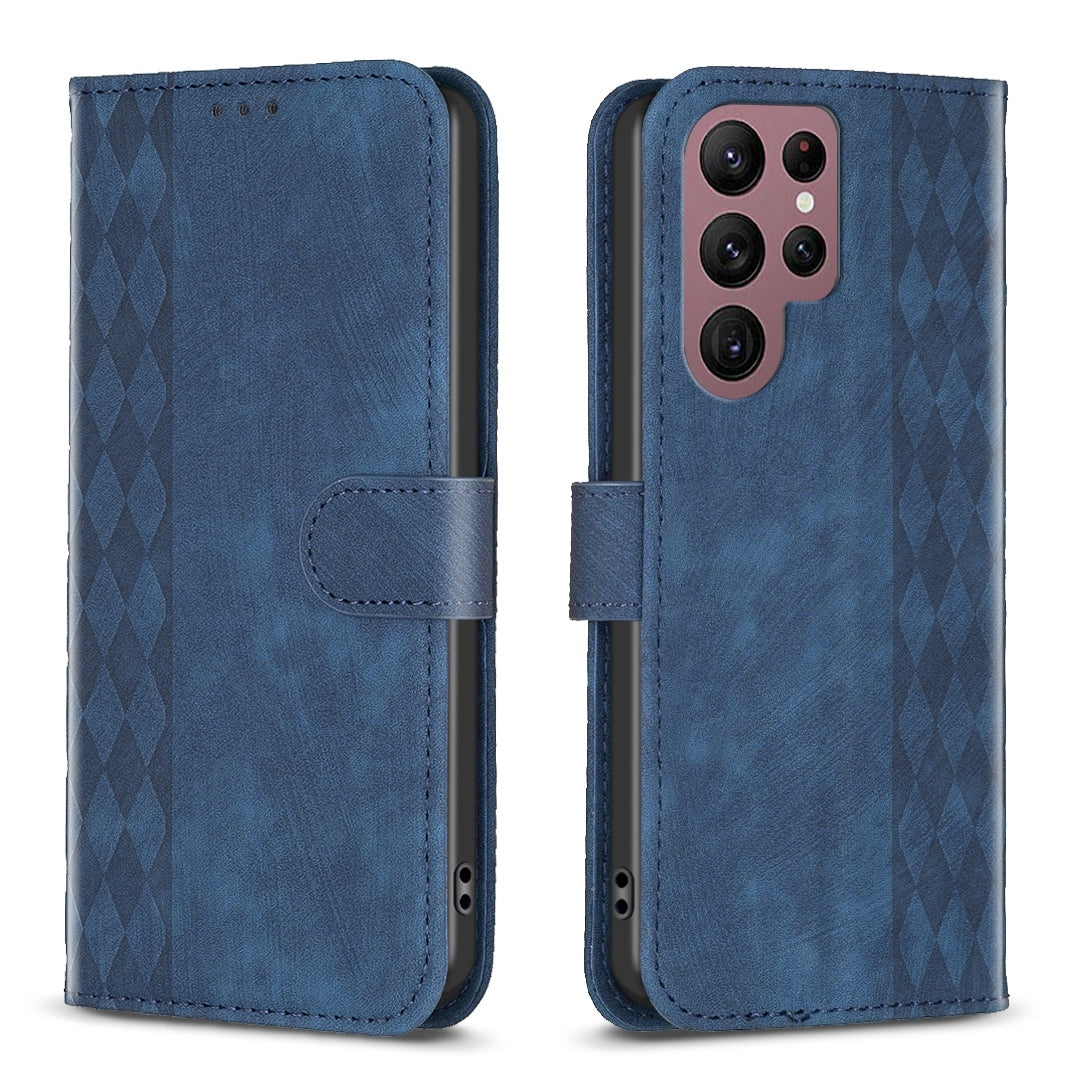 Samsung Galaxy S22 Ultra 5G Case - Embossed Plaid Leather Wallet Cover with Card Slots, Kickstand, and 360 degree Protection