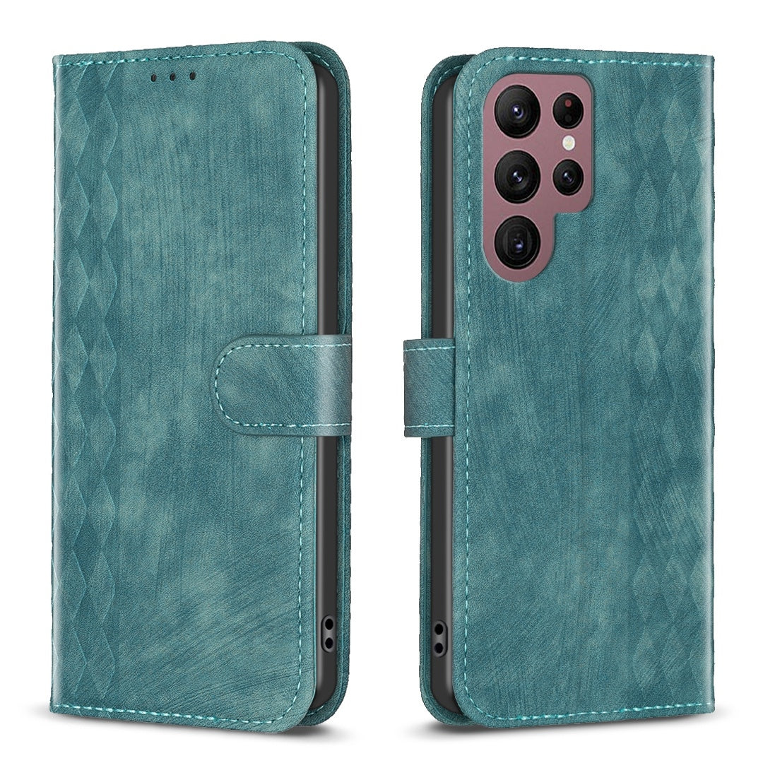 Samsung Galaxy S22 Ultra 5G Case - Embossed Plaid Leather Wallet Cover with Card Slots, Kickstand, and 360 degree Protection