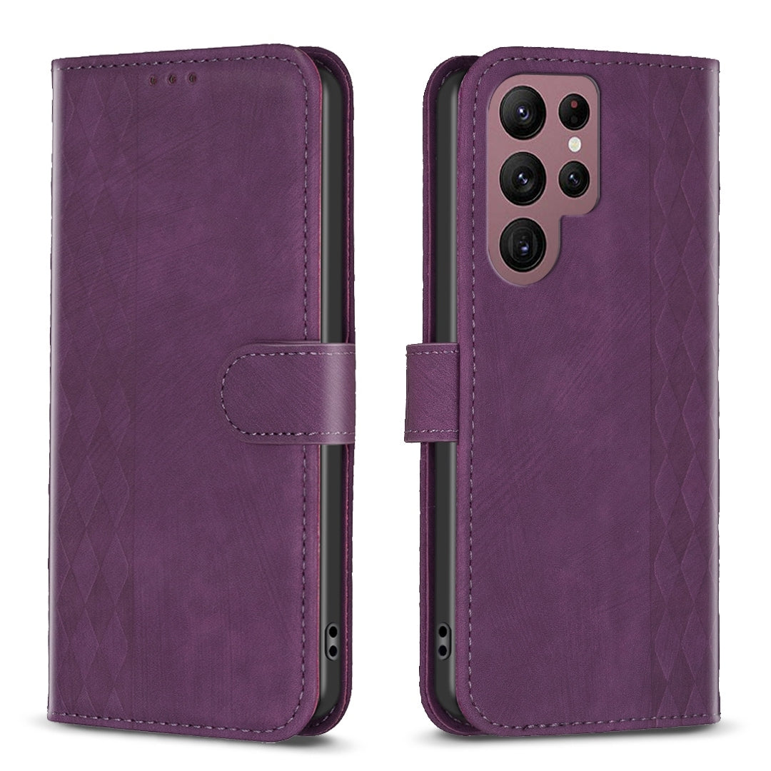 Samsung Galaxy S22 Ultra 5G Case - Embossed Plaid Leather Wallet Cover with Card Slots, Kickstand, and 360 degree Protection