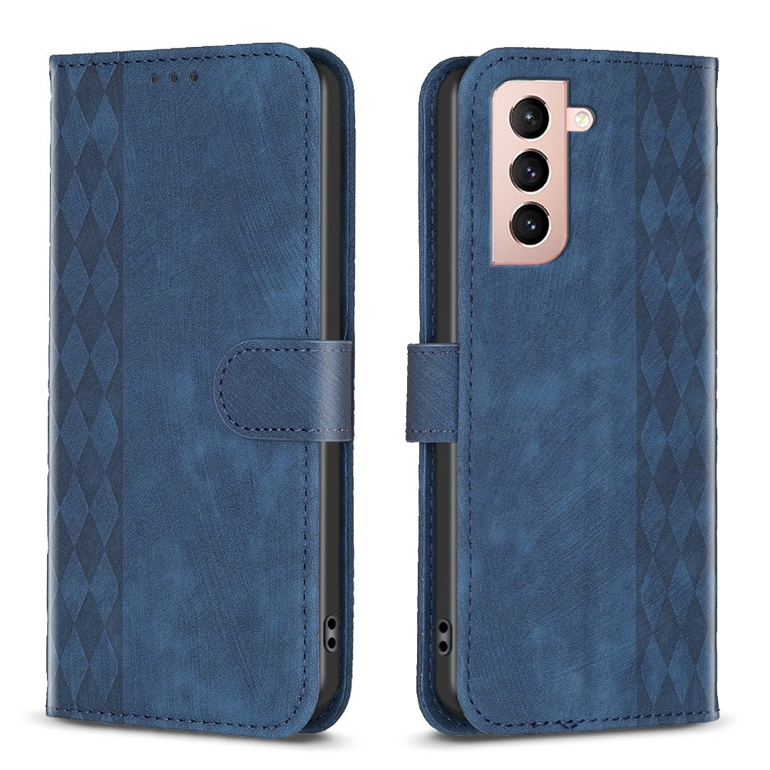 Samsung Galaxy S21 5G Case - Embossed Plaid Leather Wallet Cover with Card Slots, Kickstand, and 360 degree Protection