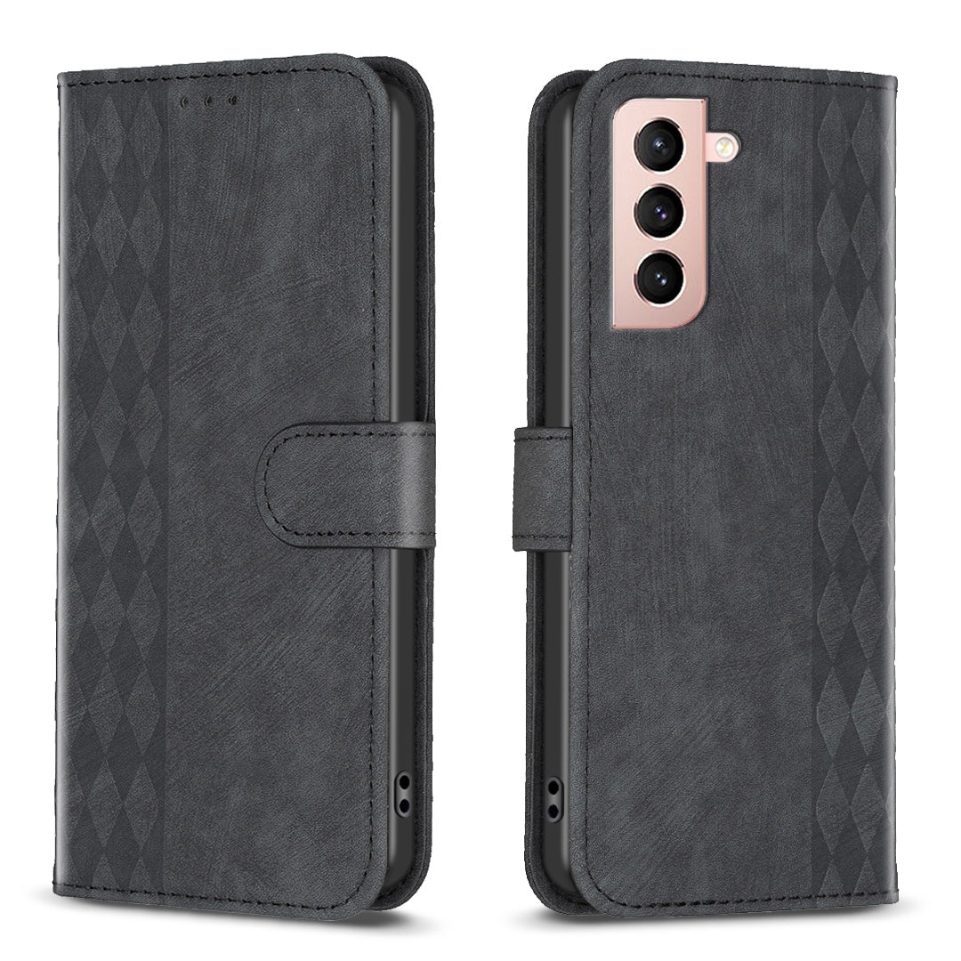 Samsung Galaxy S21 5G Case - Embossed Plaid Leather Wallet Cover with Card Slots, Kickstand, and 360 degree Protection