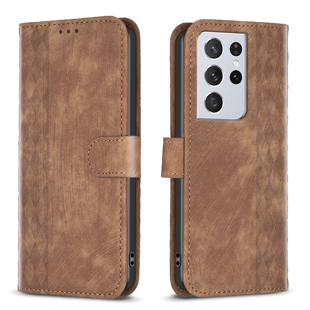 Samsung Galaxy S21 Ultra 5G Case - Embossed Plaid Leather Wallet Cover with Card Slots, Kickstand, and 360 degree Protection